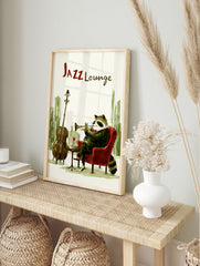 Jazz lounge raccoon wall art illustration of a raccoon playing a trumpet in a red chair with, in an alternate framed mockup
