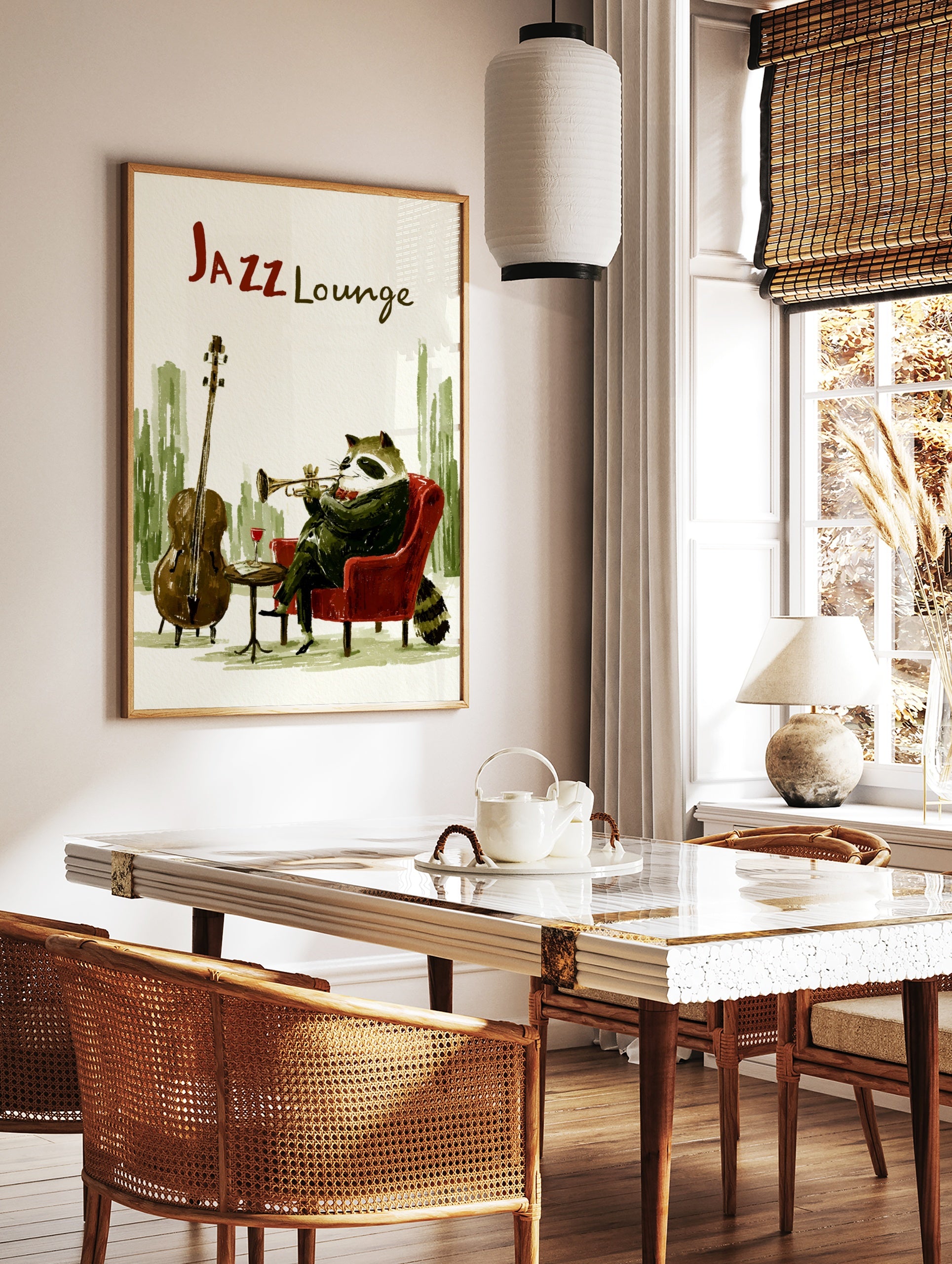 Jazz lounge raccoon wall art illustration of a raccoon playing a trumpet in a red chair with a, in a styled room mockup
