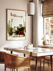 Jazz lounge raccoon wall art illustration of a raccoon playing a trumpet in a red chair with a, in a styled room mockup