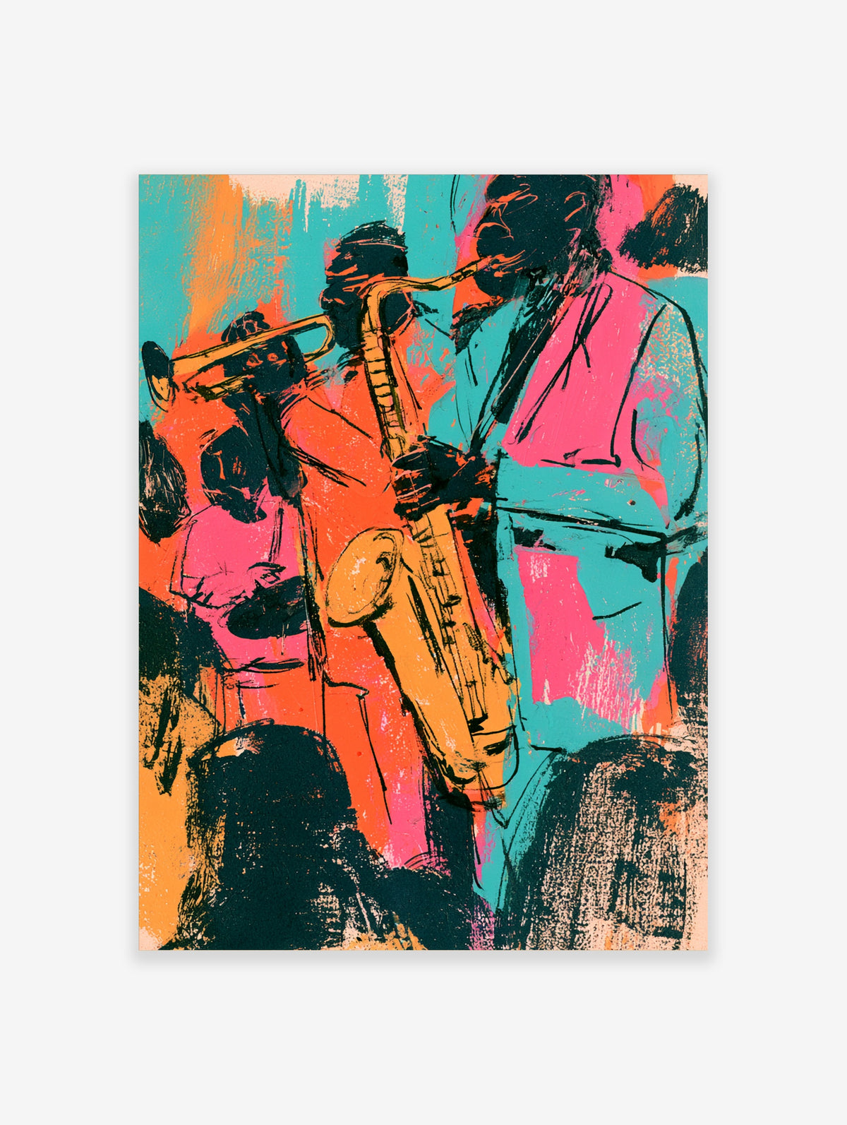 Jazz music poster with saxophonist and trumpet player in pink, teal, and orange abstract art print