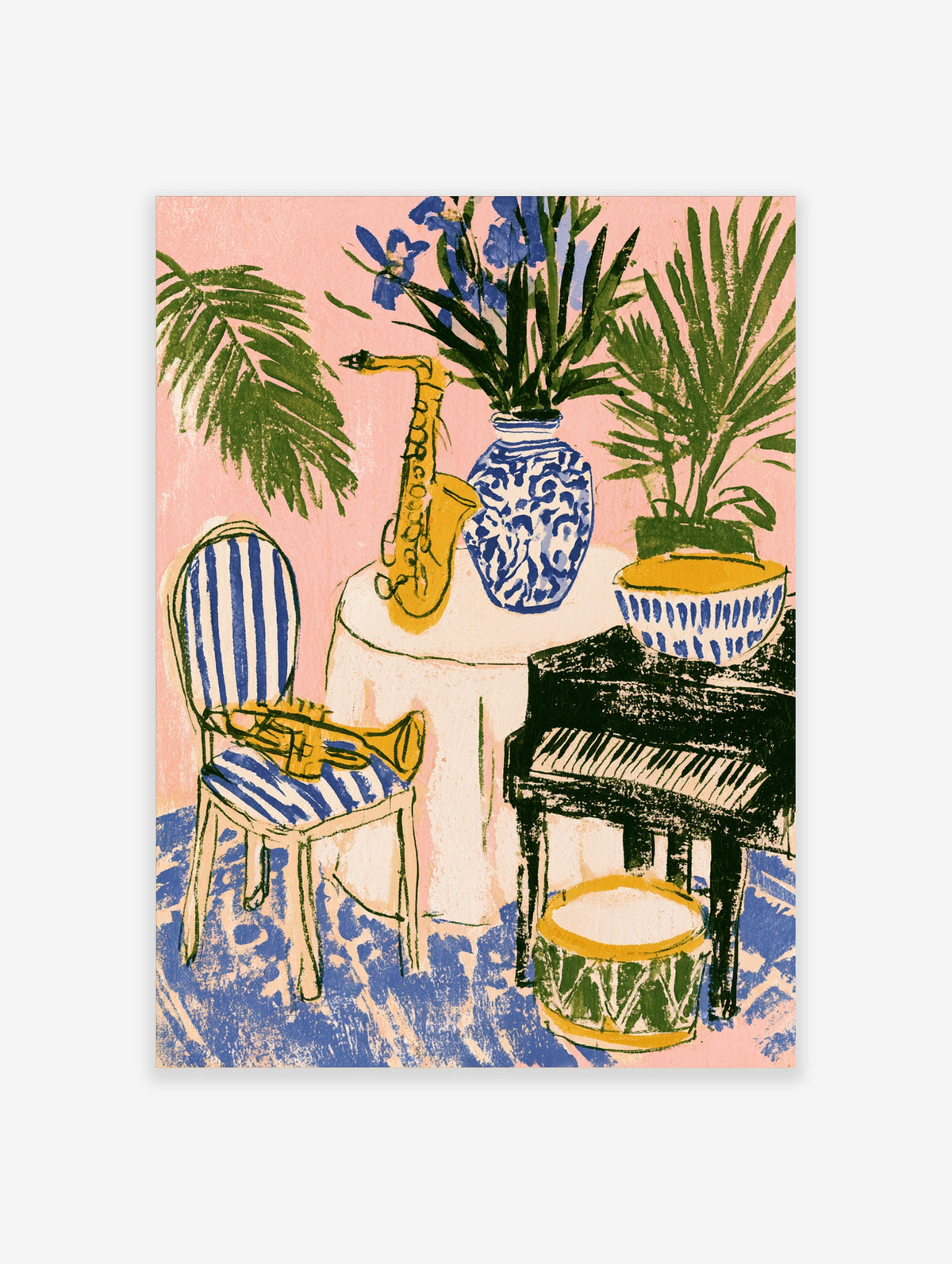 Jazz music poster with saxophone, trumpet, piano and drum in a colourful interior scene