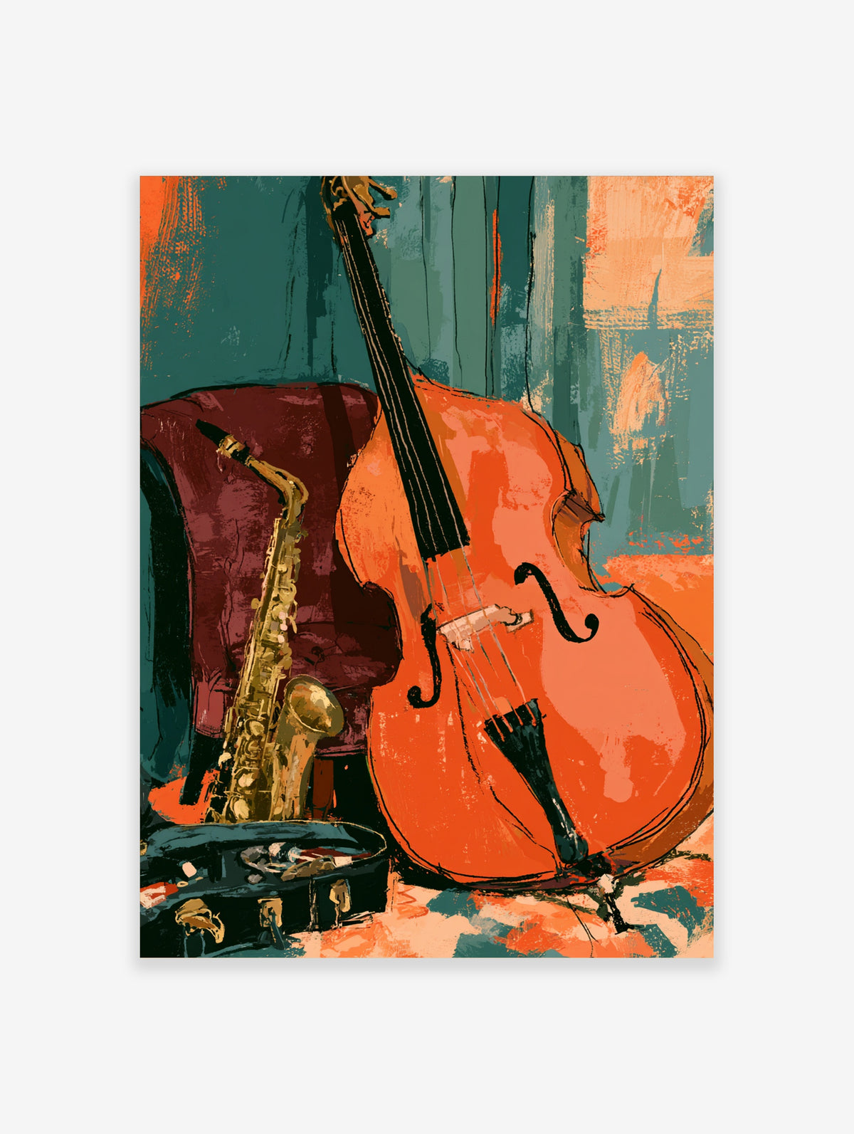 Jazz music poster with orange cello, gold saxophone and dark red armchair on teal background
