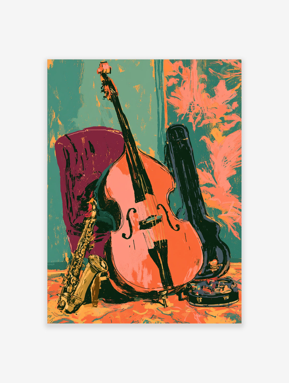 Colourful jazz music poster with coral cello, saxophone, and black instrument case on teal and pink background