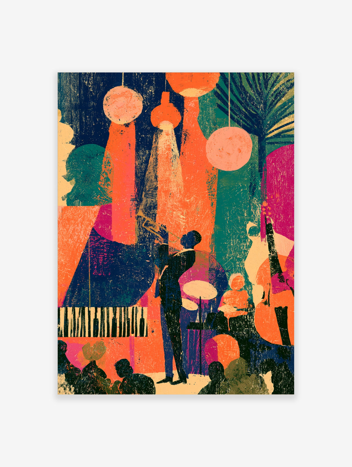 Jazz music poster with trumpet player, double bassist and drummer under orange pendant lights