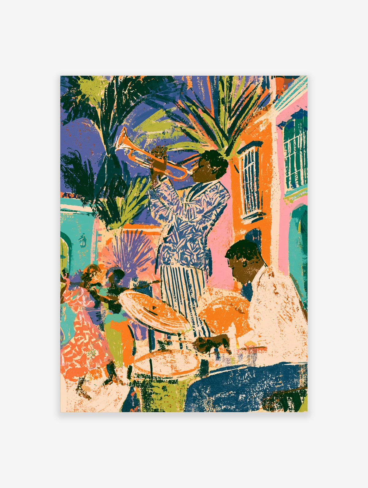 Colourful jazz music poster of a trumpet player and drummer in a street scene with palm trees and pastel buildings