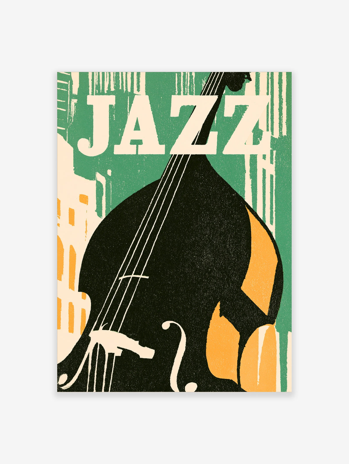 Jazz music poster with black double bass, cream JAZZ text, and green and orange background