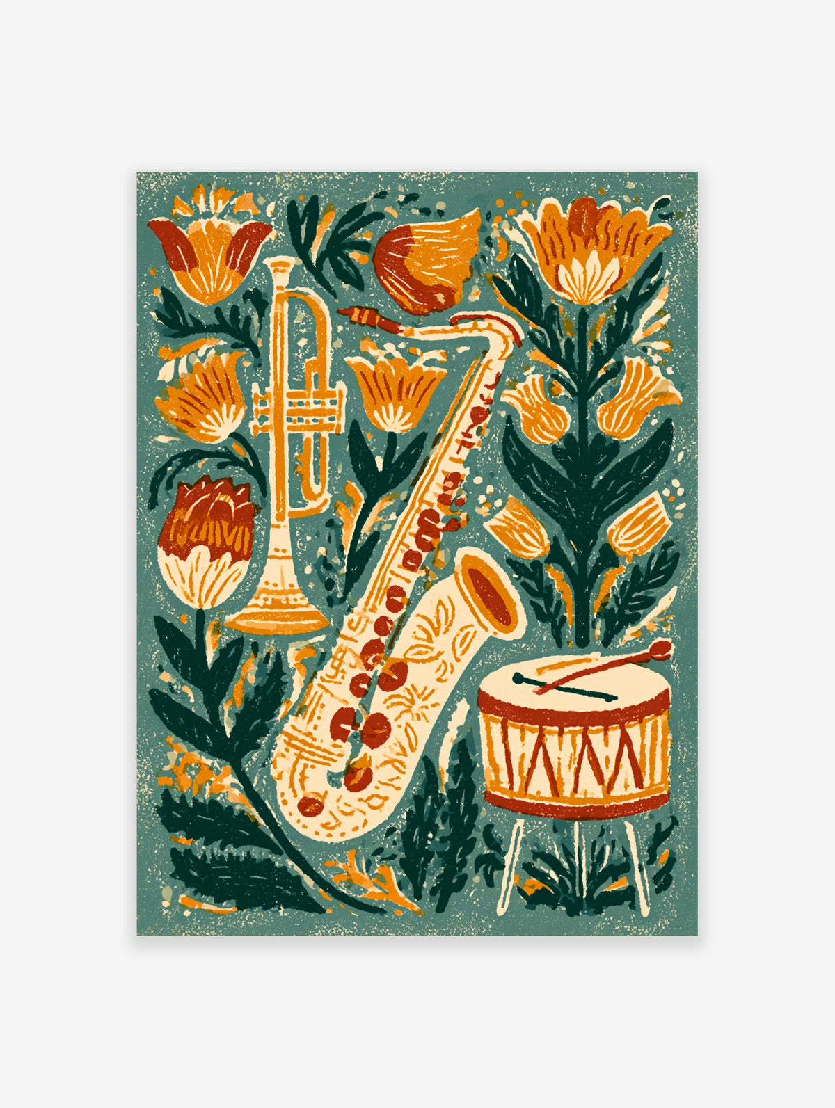 Jazz music poster with trumpet, saxophone and drum surrounded by orange and red flowers on a teal background