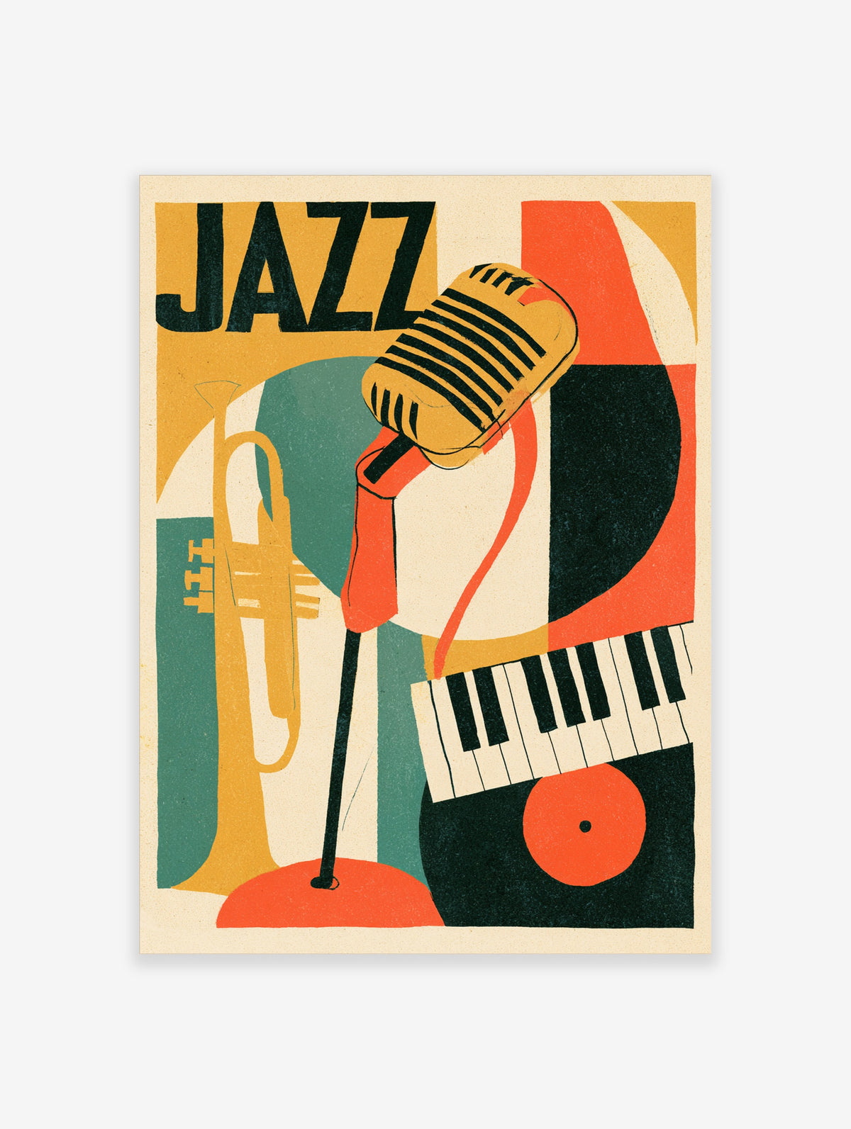 Jazz music poster with retro microphone, trumpet, piano keys, and vinyl record in yellow, orange, teal, and black
