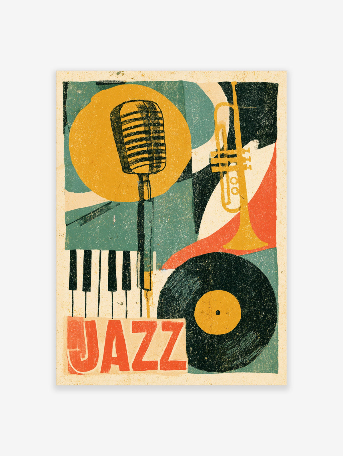 Retro jazz poster with vintage microphone, trumpet, piano keys, vinyl record and JAZZ text
