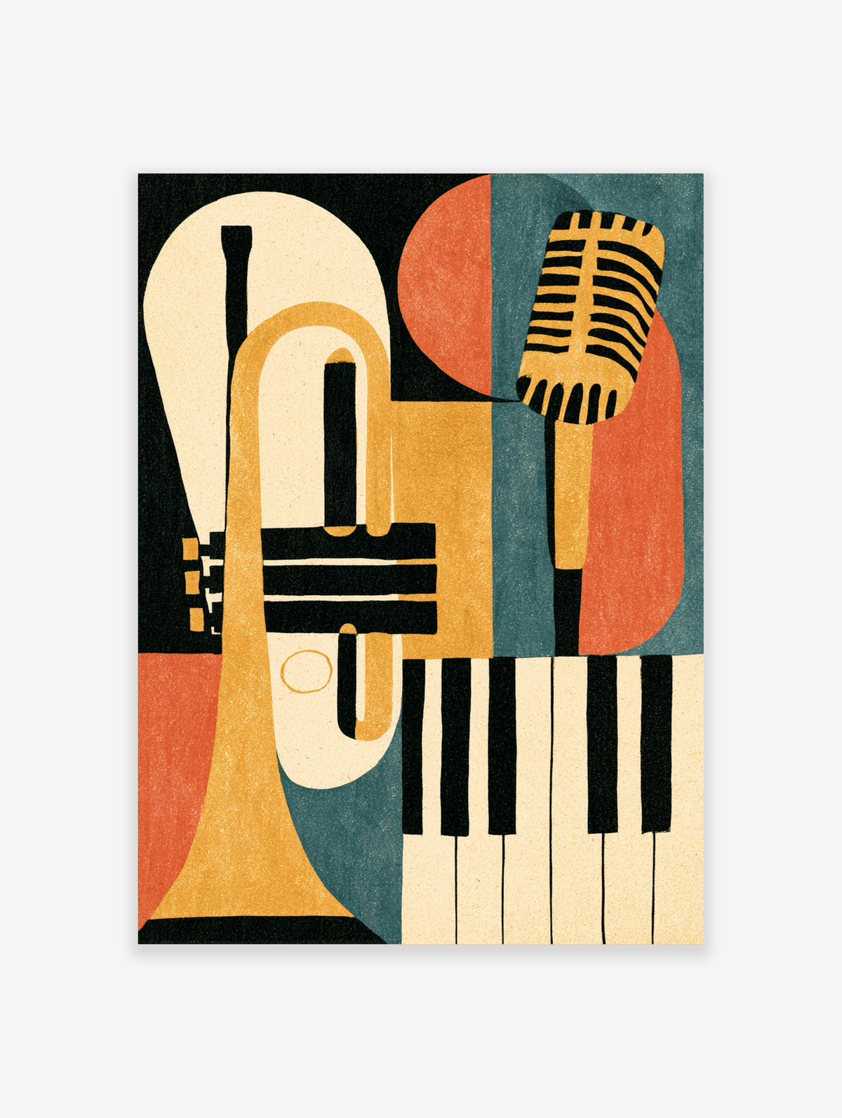 Retro jazz poster with trumpet, striped microphone, piano keys in mustard, teal, black and cream