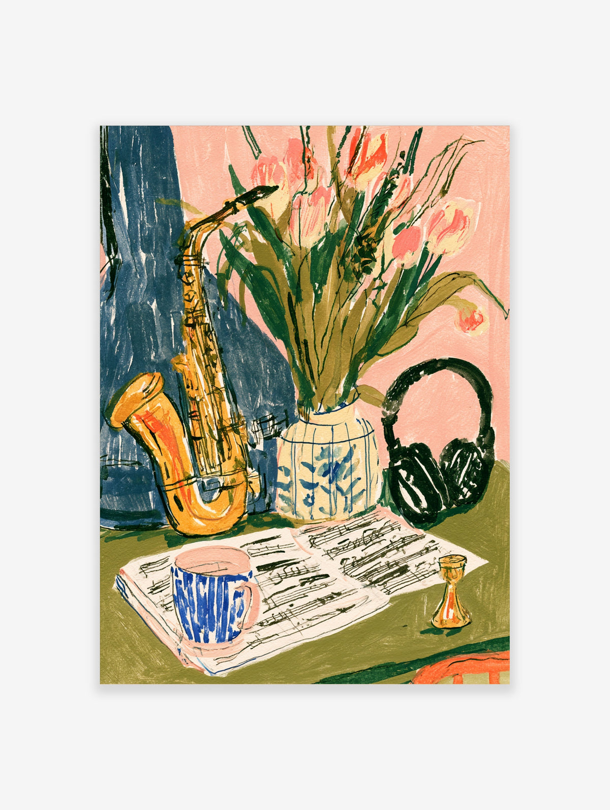 Jazz music poster with saxophone, headphones, sheet music, tulips, and blue mug on green table