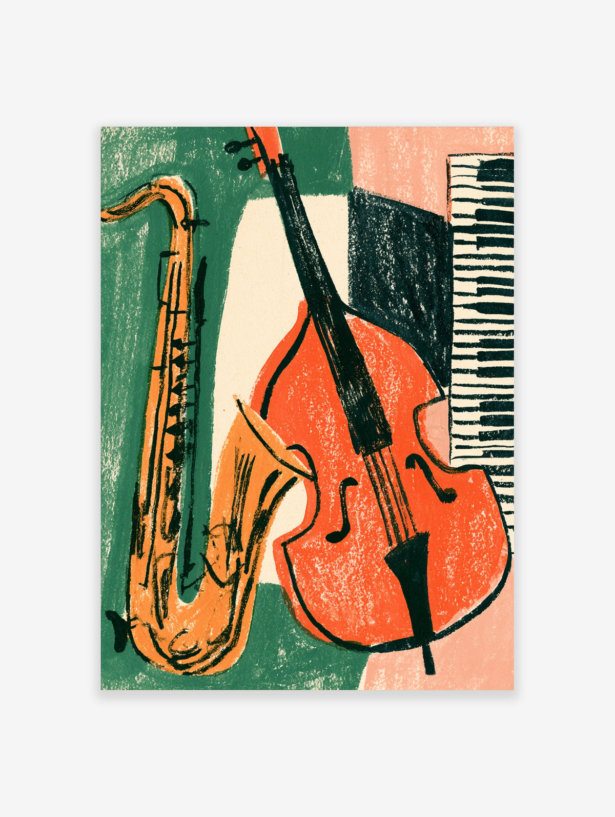 Jazz music poster with saxophone, double bass, and piano keys in orange, green, and black