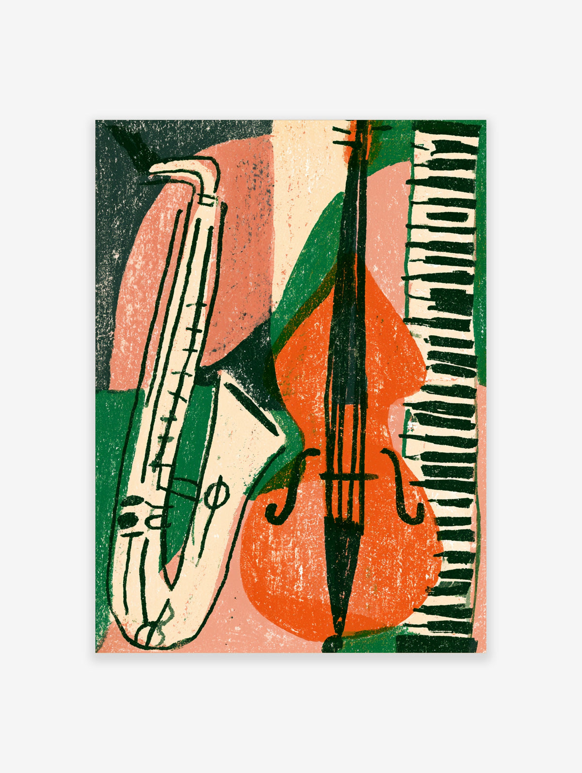 Jazz music poster with saxophone, double bass, and piano keys in green, orange, and pink mid-century style
