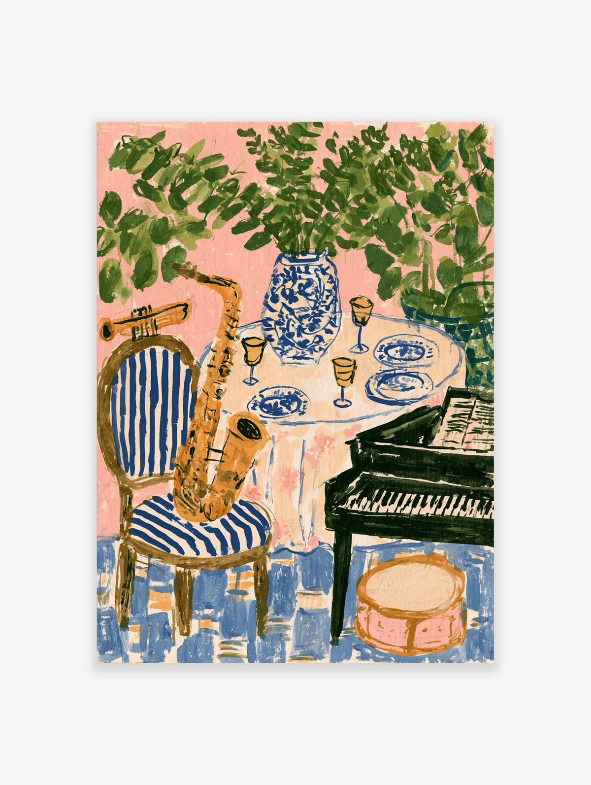 Jazz music poster with saxophone, trumpet, piano and drum kit on pink background