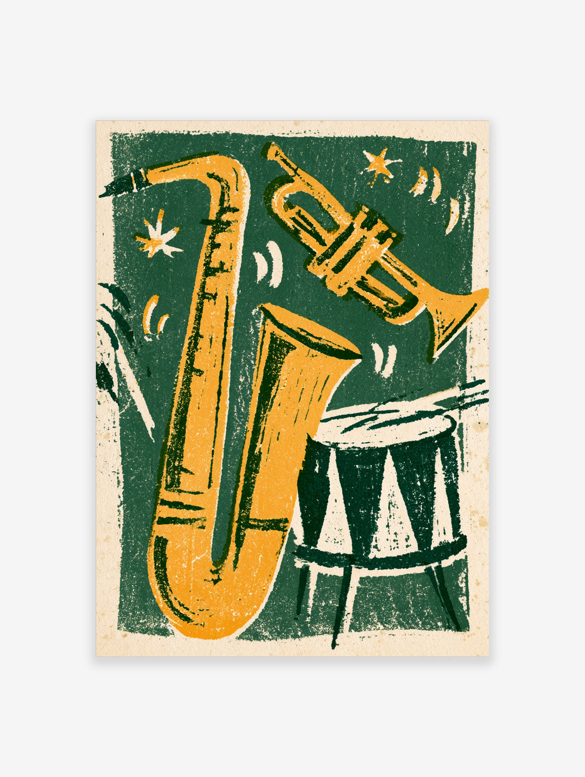 Retro jazz poster with yellow saxophone, trumpet and drum on dark green background