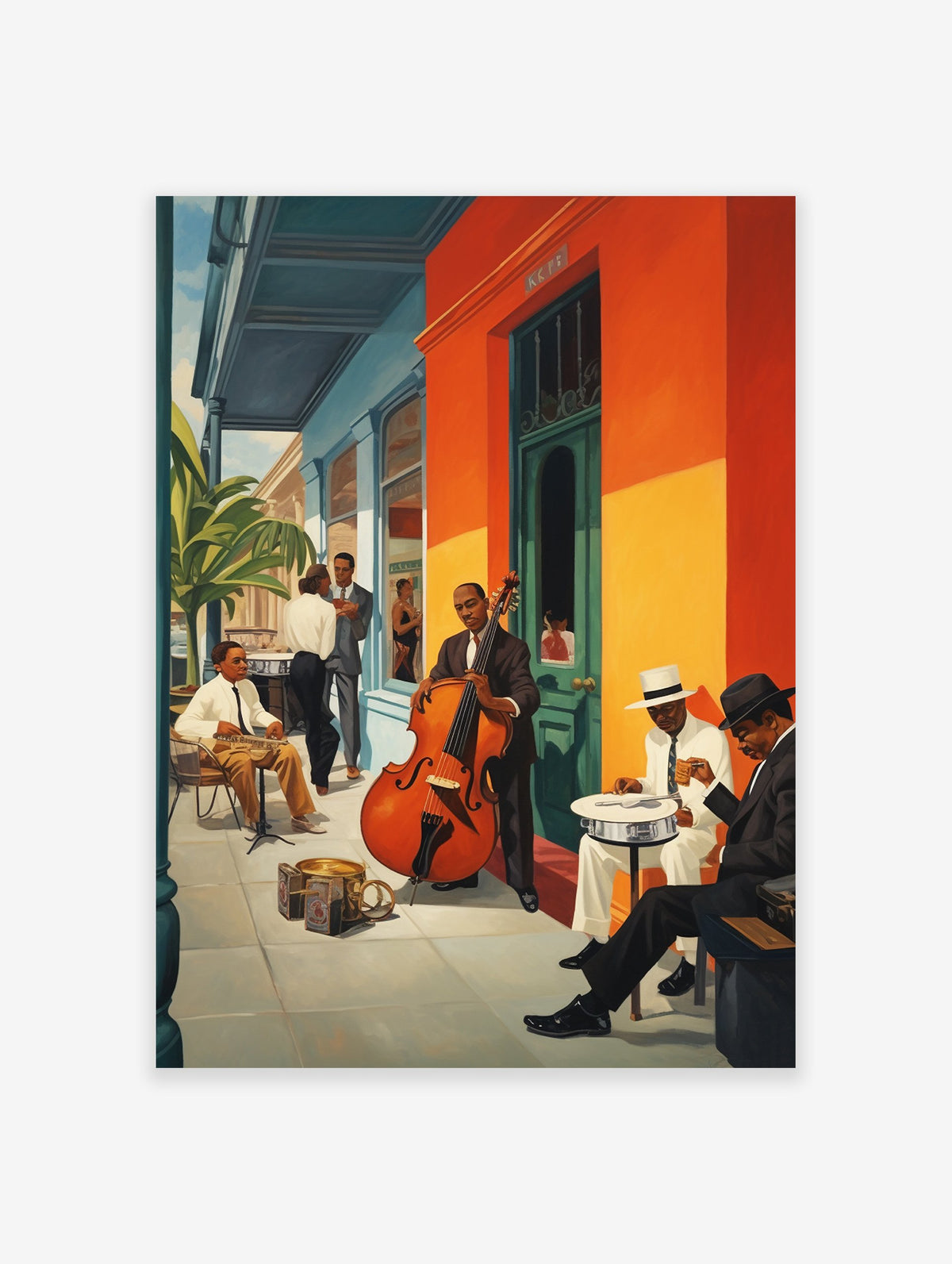Jazz Music Poster featuring musicians playing a double bass and banjo in a vibrant street scene outside an orange building.
