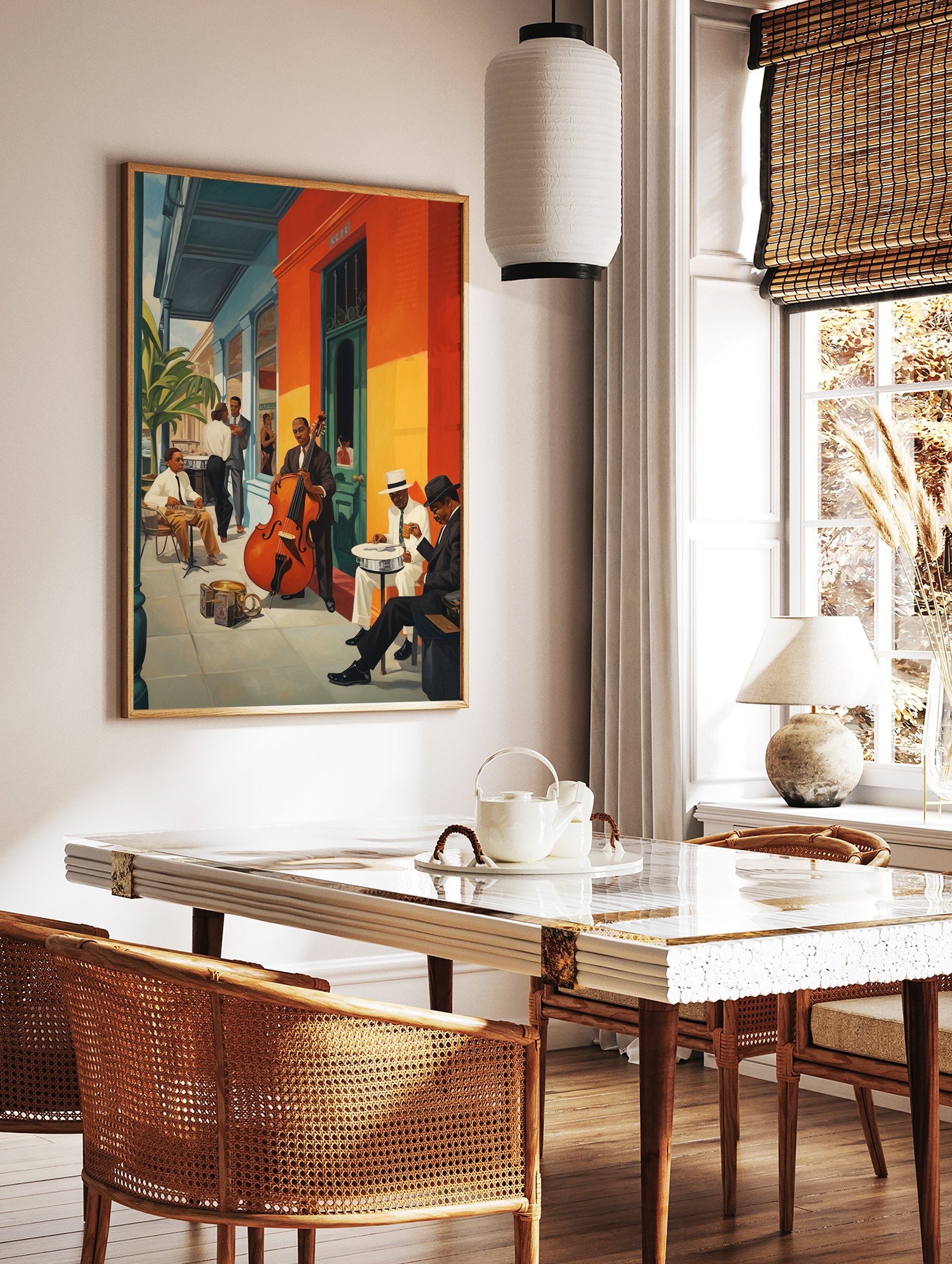 Jazz Music Poster featuring musicians playing a double bass and banjo in a vibrant street scene outside an orange building. - Image 2