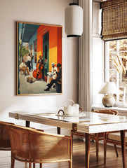 Jazz Music Poster featuring musicians playing a double bass and banjo in a vibrant street scene outside an orange building. - Image 2