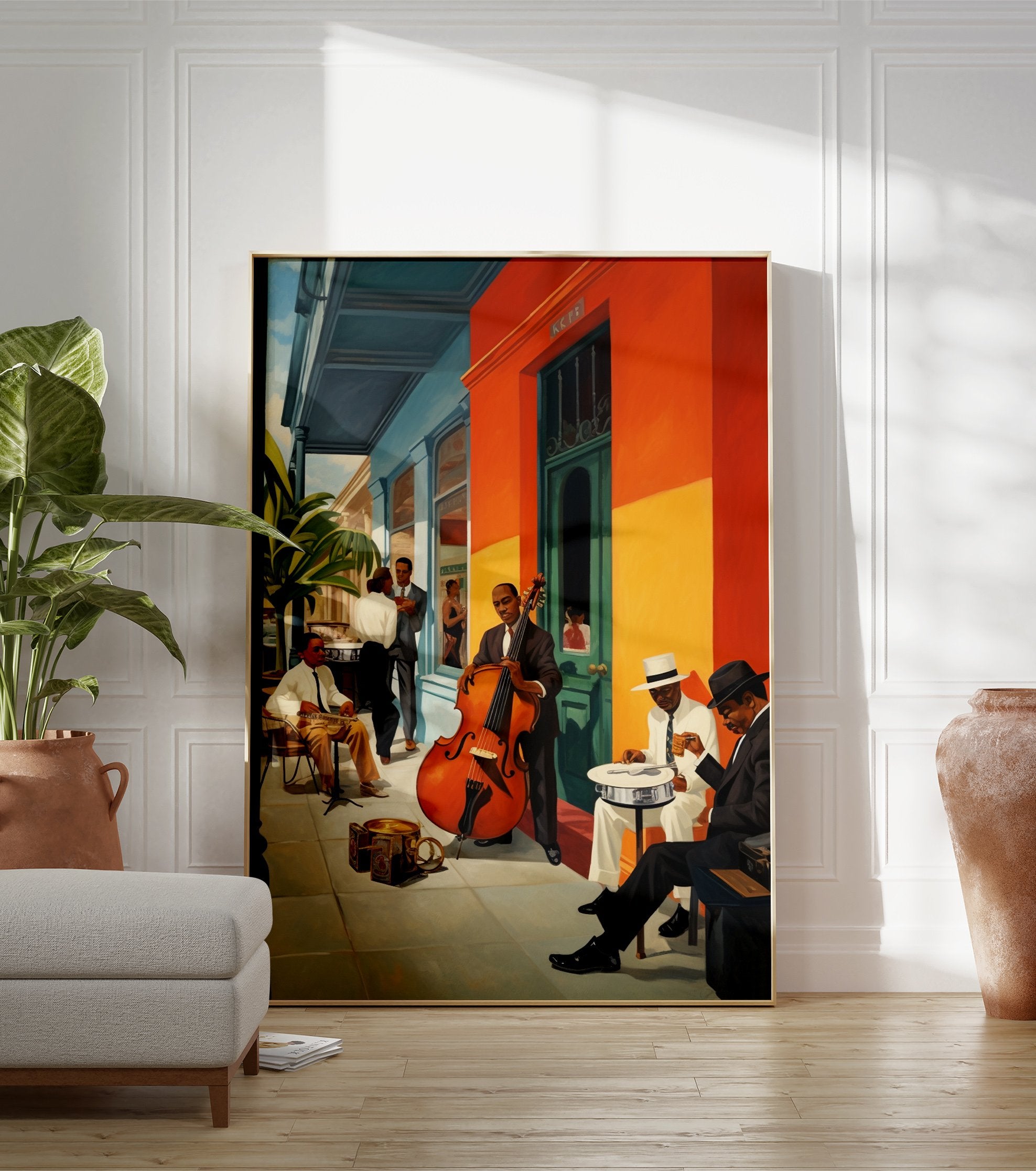 Jazz Music Poster featuring musicians playing a double bass and banjo in a vibrant street scene outside an orange building. - Image 3