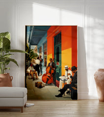 Jazz Music Poster featuring musicians playing a double bass and banjo in a vibrant street scene outside an orange building. - Image 3