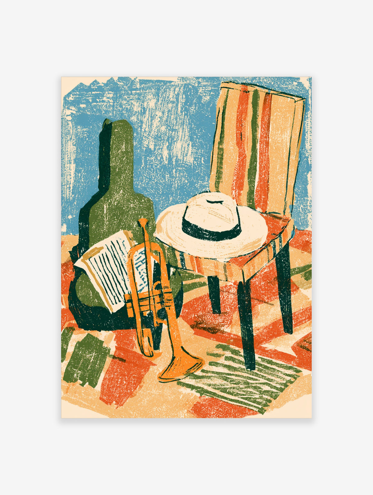 Jazz music poster with trumpet, guitar case, sheet music and hat on a striped chair against a blue background
