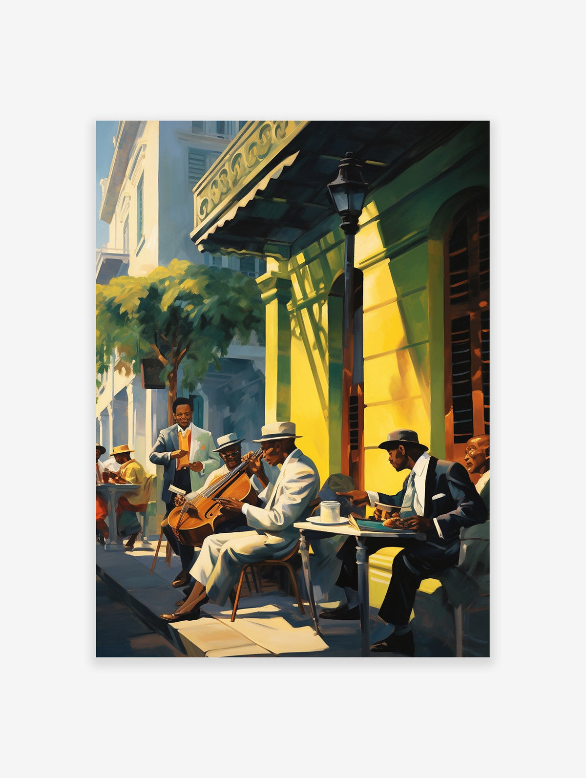 A vibrant jazz music street scene poster depicting men playing instruments and socializing outside a sunlit green and yellow building.