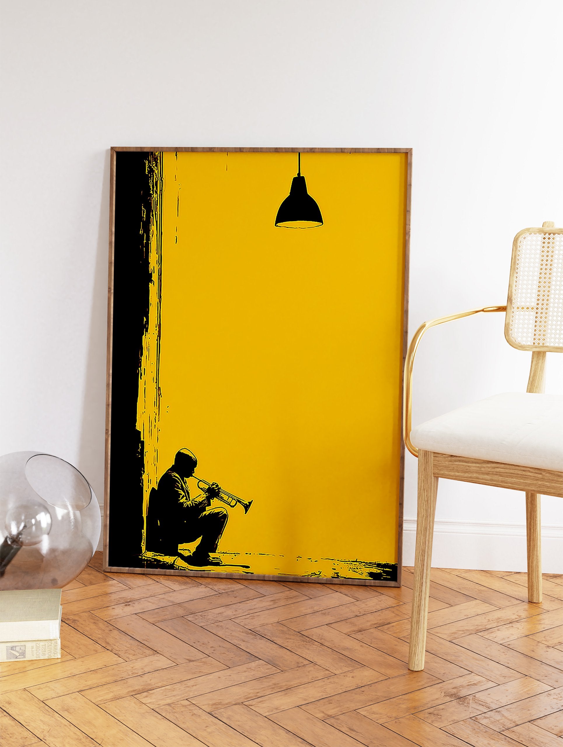 Yellow and black jazz trumpet player silhouette art print with a hanging lamp and textured wall details. - Image 2