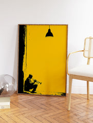 Yellow and black jazz trumpet player silhouette art print with a hanging lamp and textured wall details. - Image 2