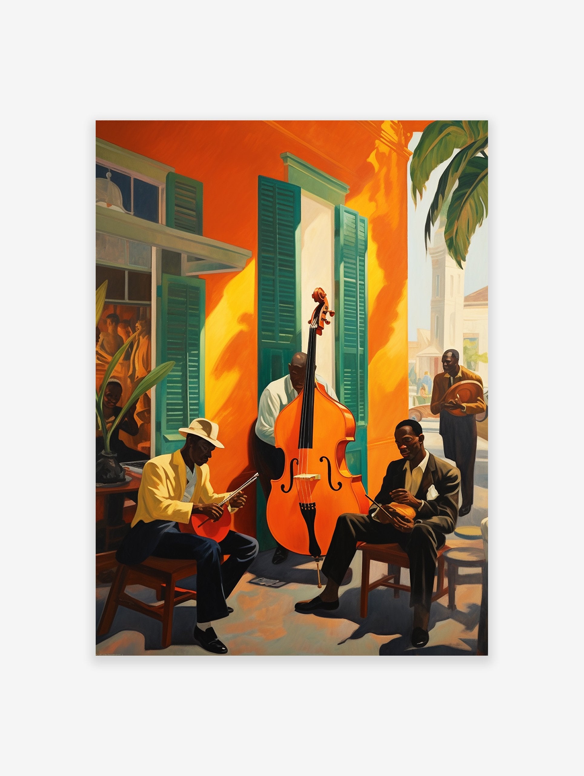 Jazz musicians poster featuring men playing double bass and banjo on a street with vibrant orange buildings and green shutters.