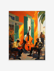 Jazz musicians poster featuring men playing double bass and banjo on a street with vibrant orange buildings and green shutters.