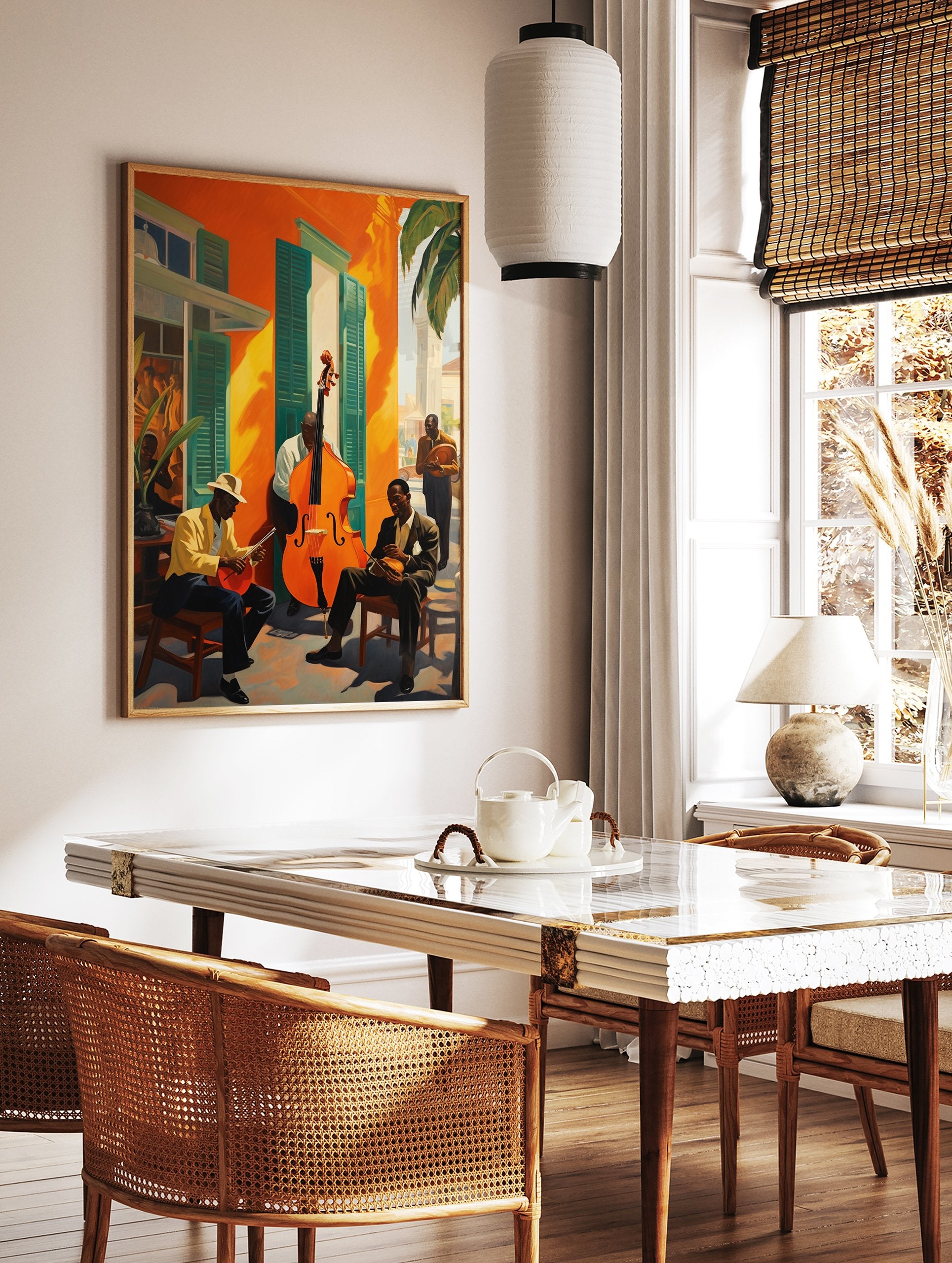 Jazz musicians poster featuring men playing double bass and banjo on a street with vibrant orange buildings and green shutters. - Image 2