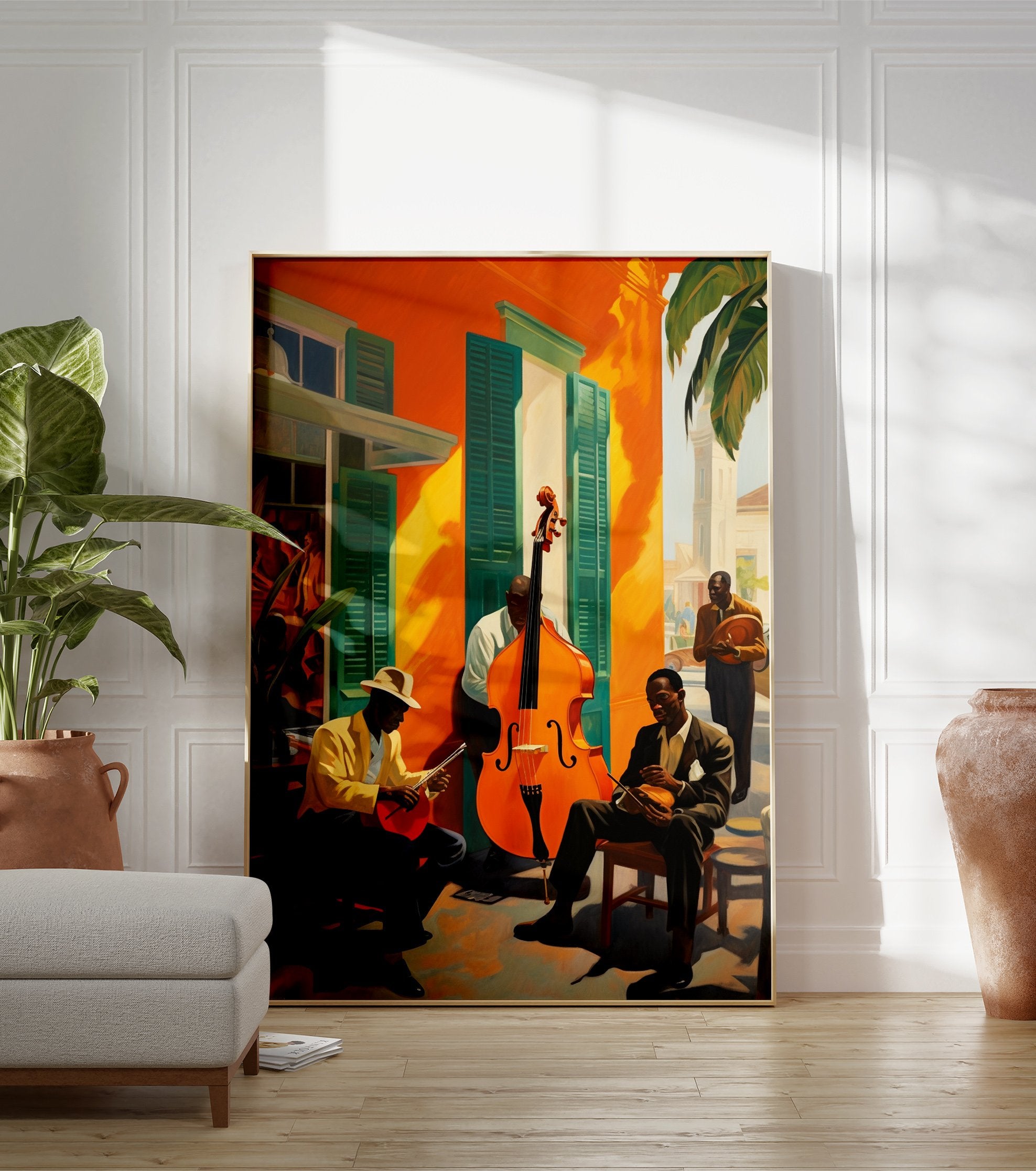 Jazz musicians poster featuring men playing double bass and banjo on a street with vibrant orange buildings and green shutters. - Image 3