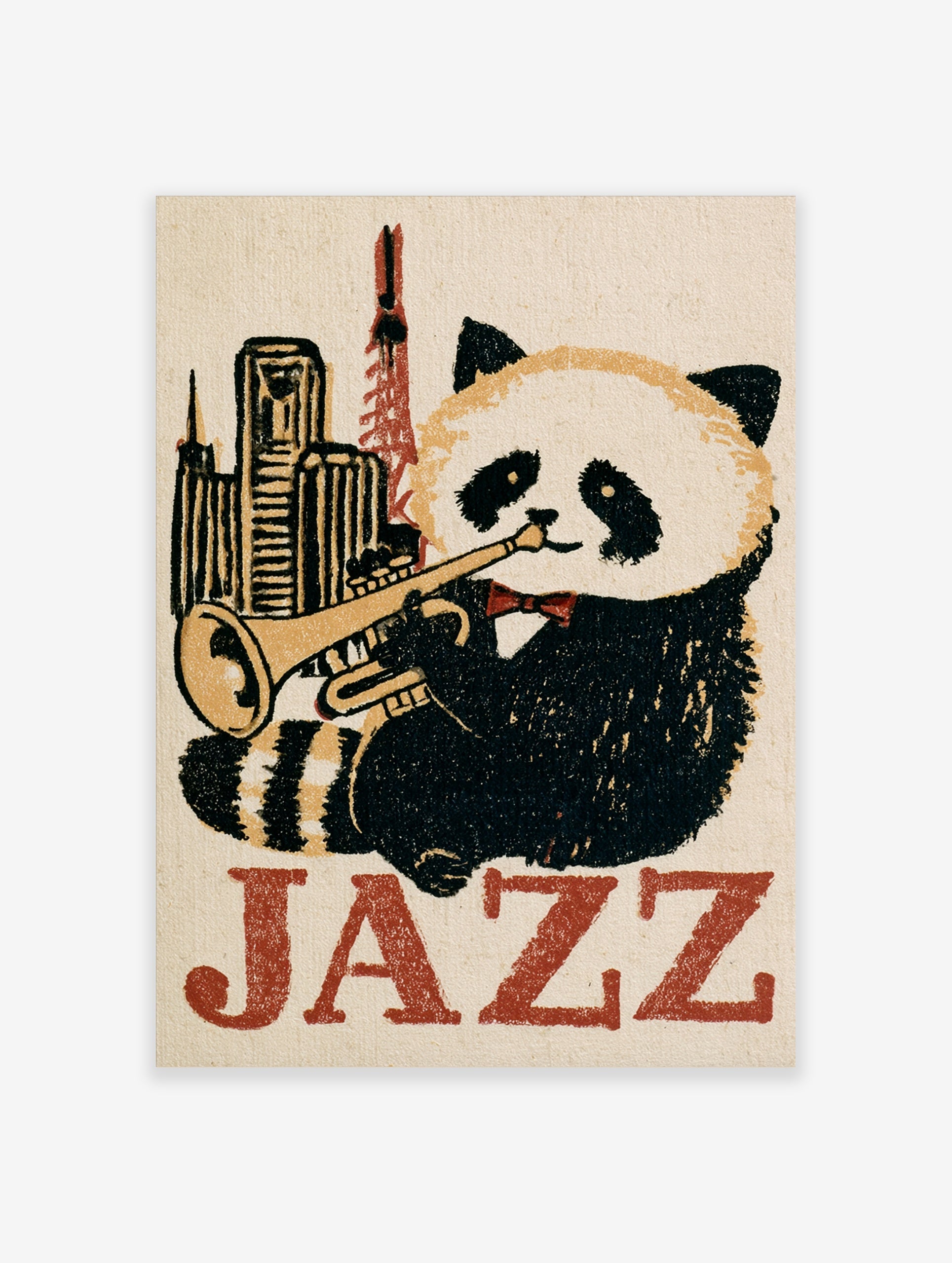 Jazz panda playing trumpet in front of city skyline with Jazz text, illustrative art print