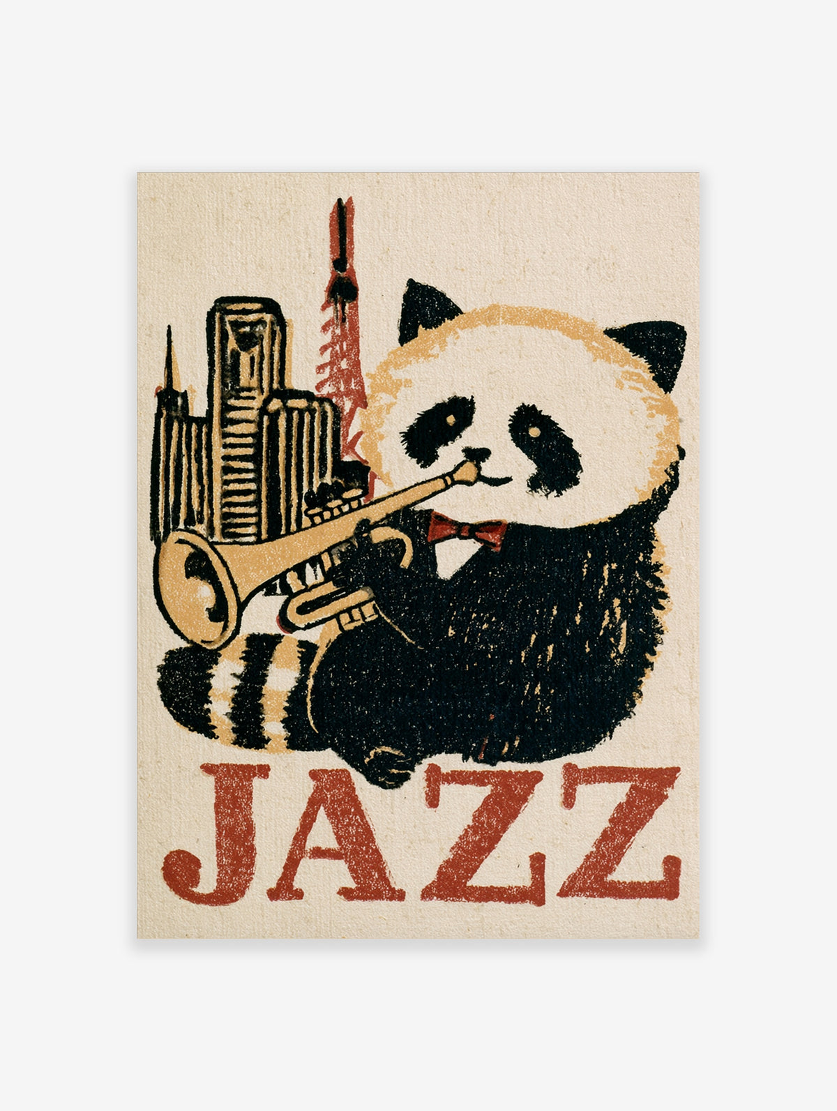 Jazz panda playing trumpet in front of city skyline with Jazz text, illustrative art print