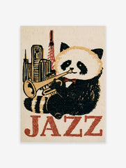 Jazz panda playing trumpet in front of city skyline with Jazz text, illustrative art print