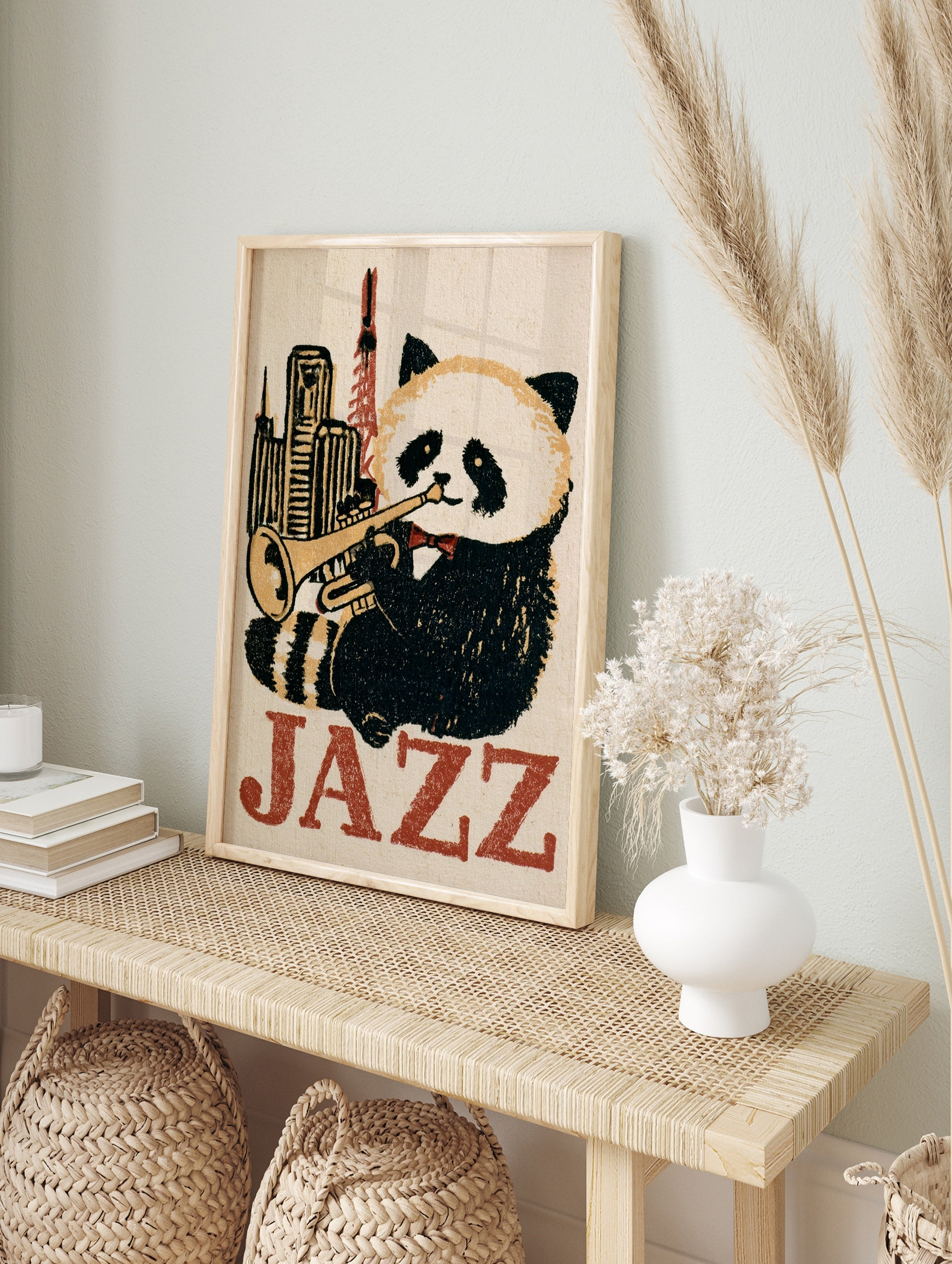 Jazz panda playing trumpet in front of city skyline with Jazz text, illustrative art print, in an alternate framed mockup