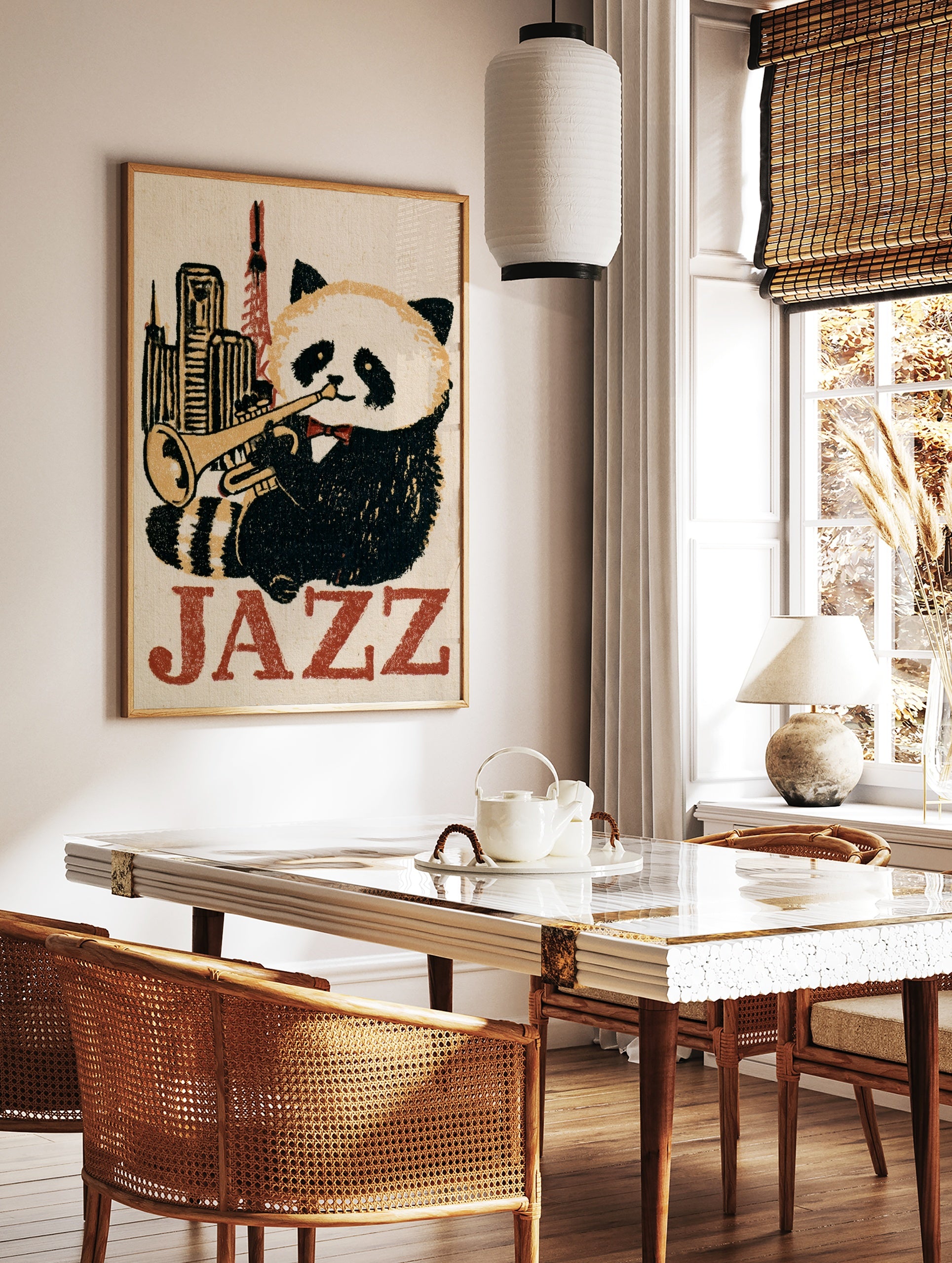 Jazz panda playing trumpet in front of city skyline with Jazz text, illustrative art print, in a styled room mockup