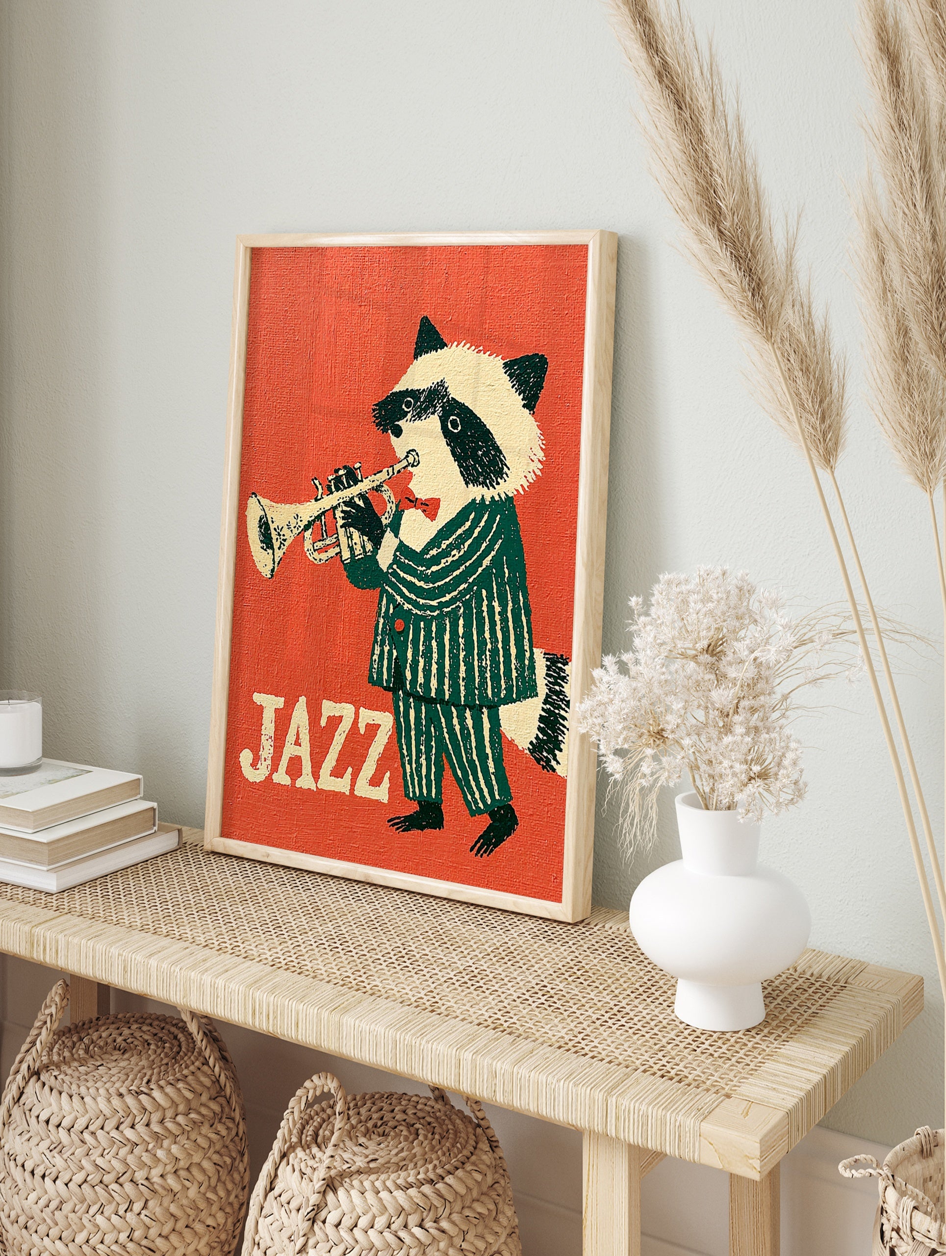 A retro-style illustration of a raccoon in a green striped suit playing a trumpet against an, in an alternate framed mockup