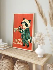 A retro-style illustration of a raccoon in a green striped suit playing a trumpet against an, in an alternate framed mockup