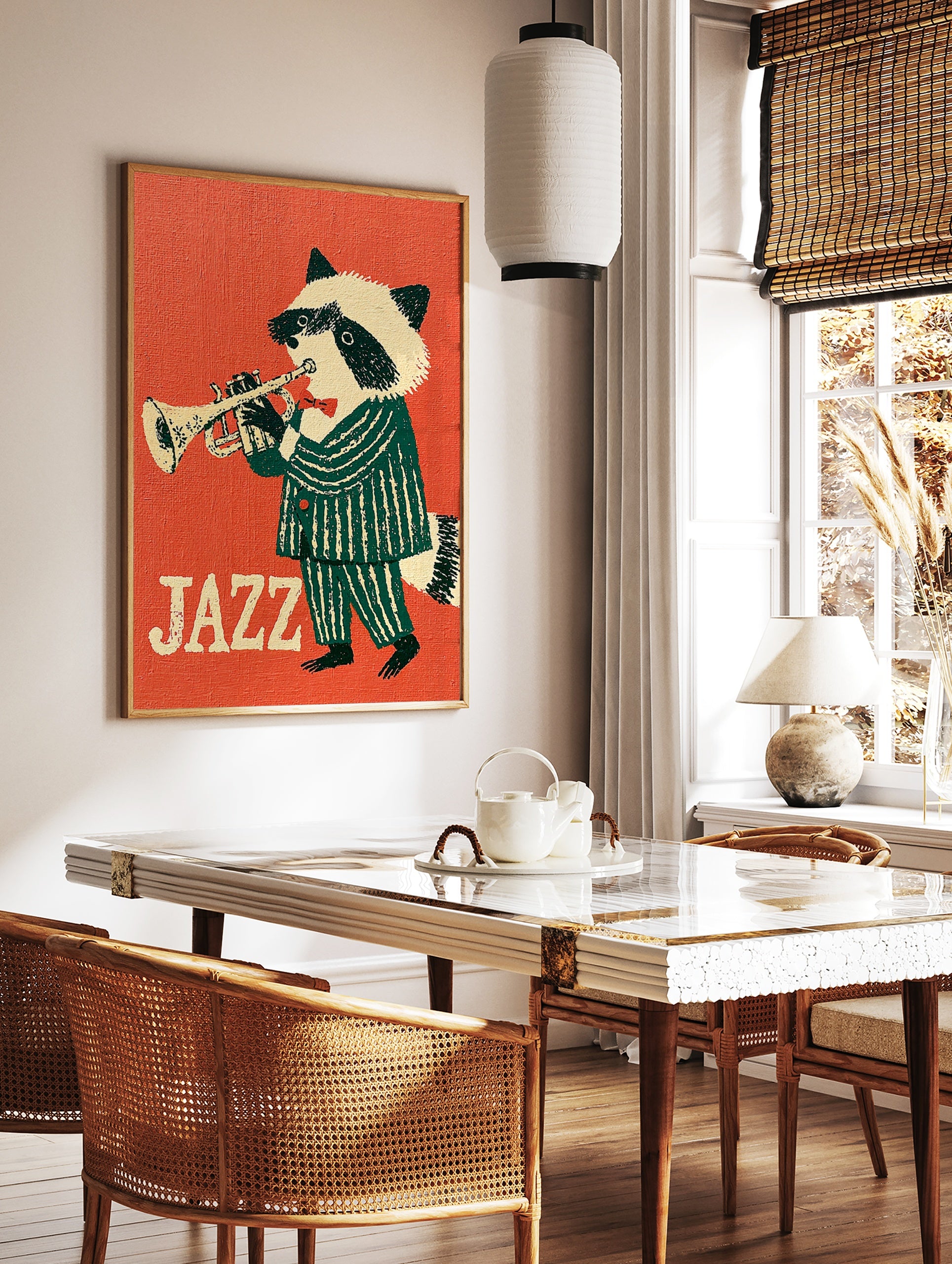 A retro-style illustration of a raccoon in a green striped suit playing a trumpet against an orange, in a styled room mockup