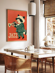 A retro-style illustration of a raccoon in a green striped suit playing a trumpet against an orange, in a styled room mockup