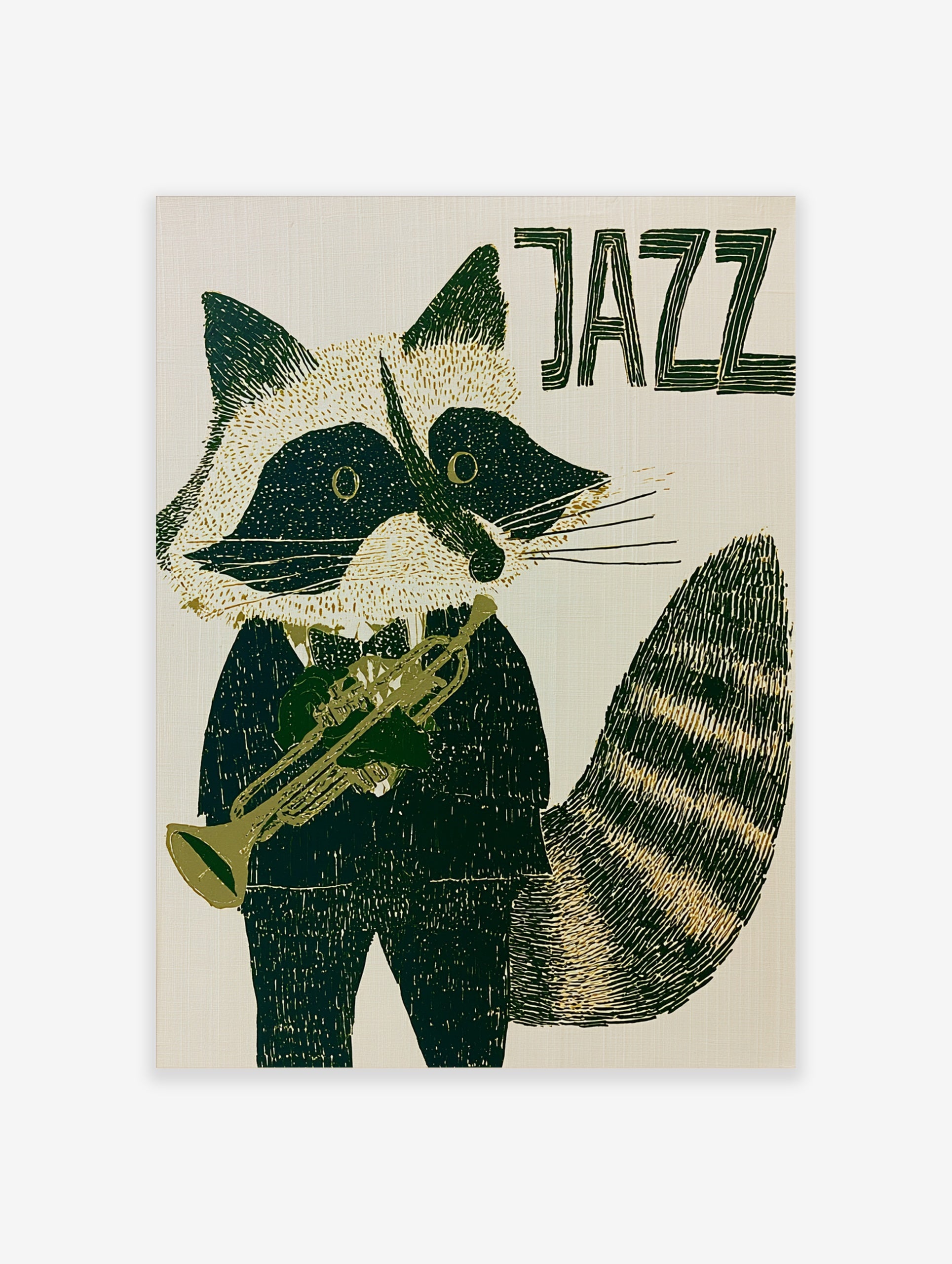Stylised raccoon in a tuxedo playing a trumpet with JAZZ text in deep green and cream illustrative wall art style