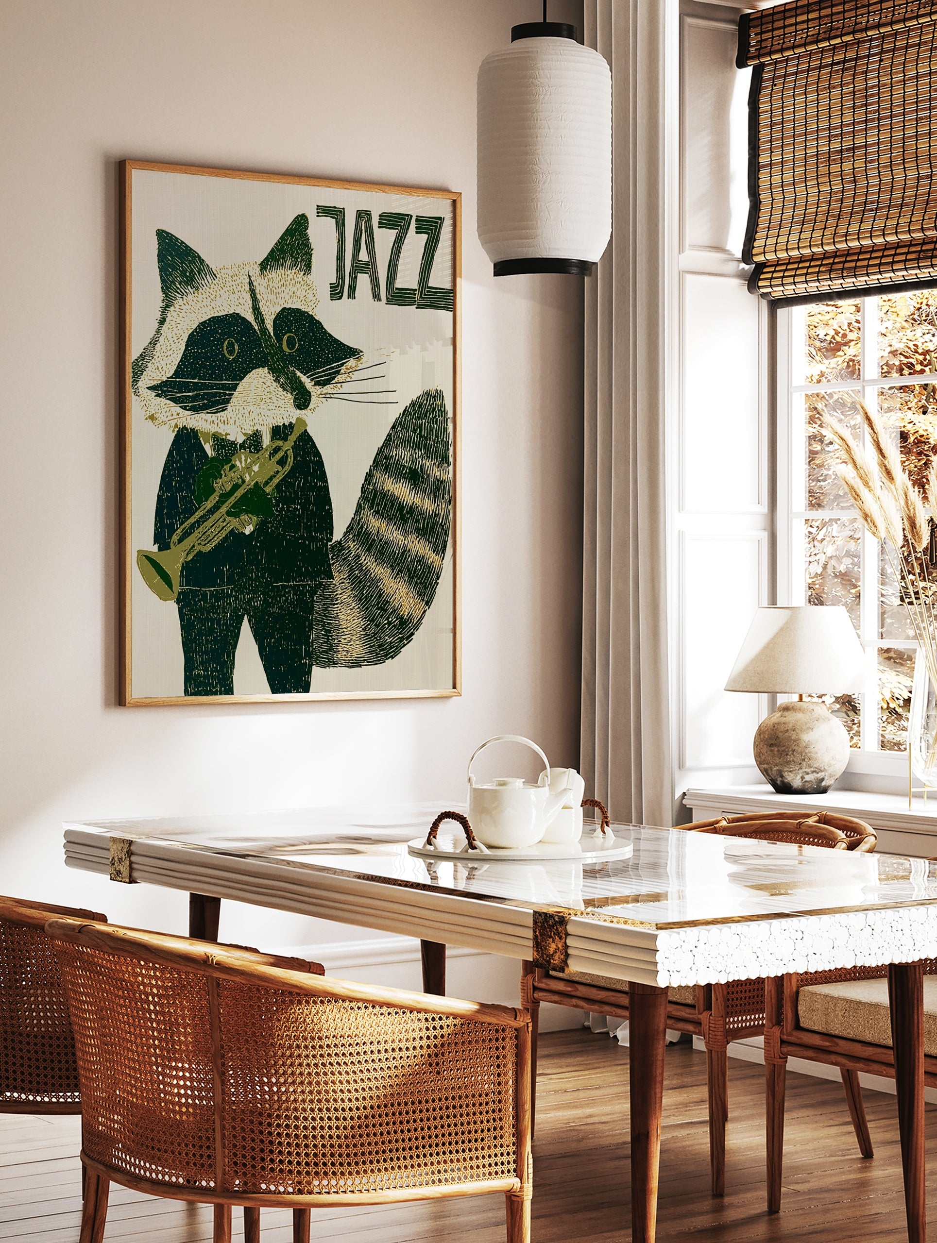 Stylised raccoon in a tuxedo playing a trumpet with JAZZ text in deep green and cream illustrative, in a styled room mockup