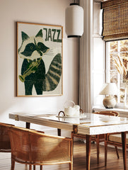 Stylised raccoon in a tuxedo playing a trumpet with JAZZ text in deep green and cream illustrative, in a styled room mockup
