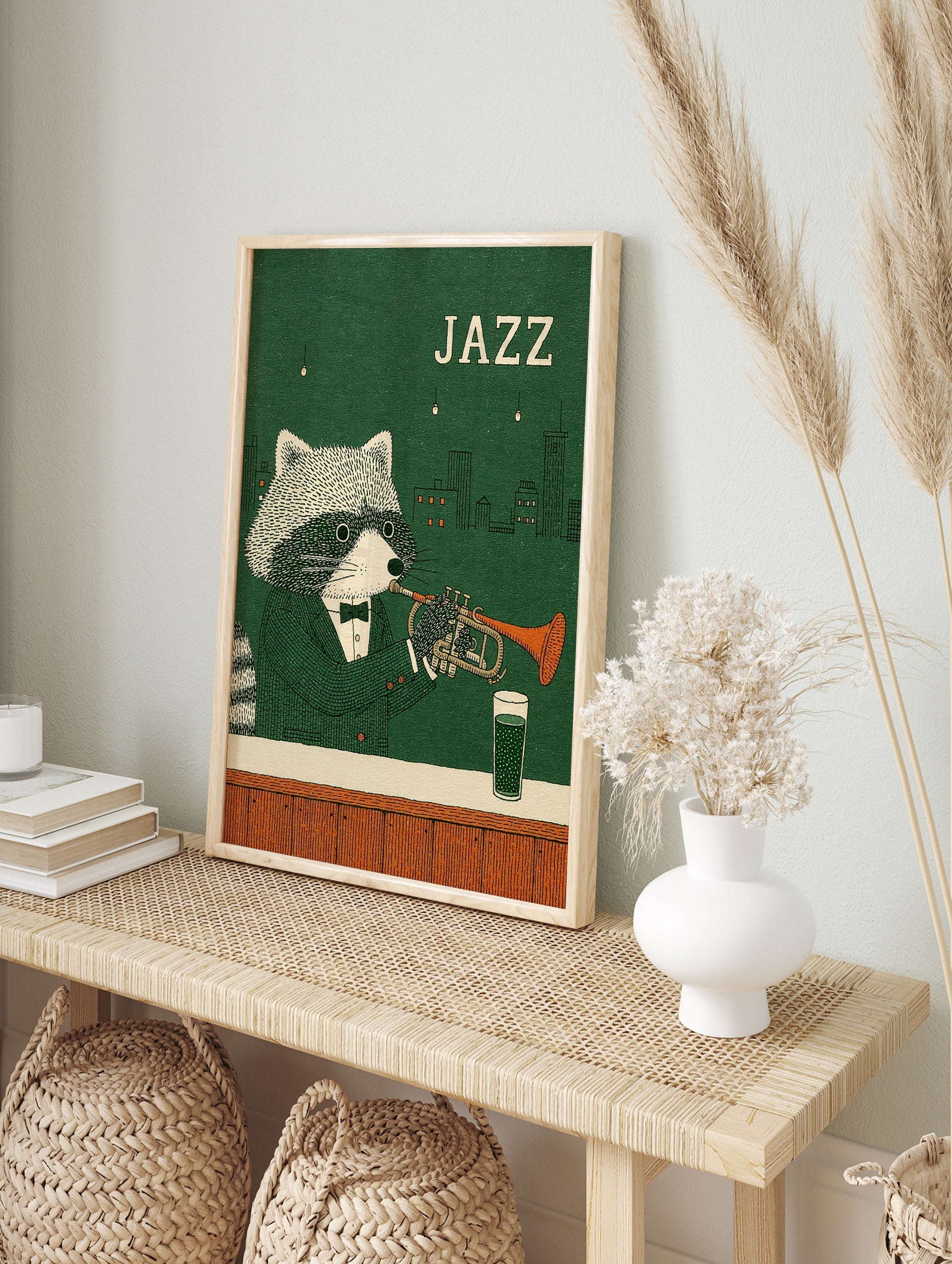 Illustrated dapper raccoon in a suit playing a trumpet against a green city skyline with Jazz, in an alternate framed mockup