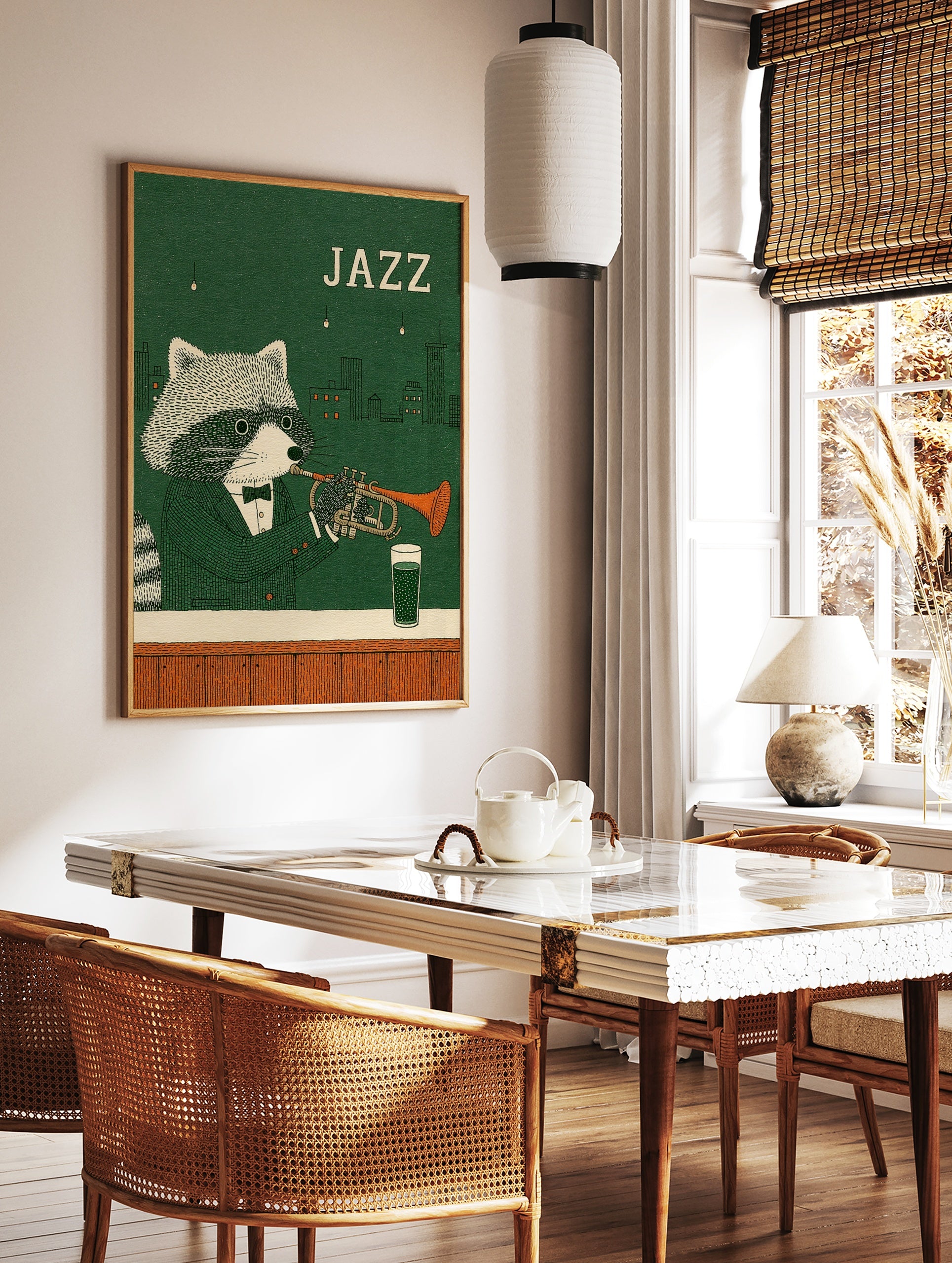 Illustrated dapper raccoon in a suit playing a trumpet against a green city skyline with Jazz, in a styled room mockup