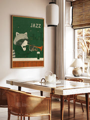 Illustrated dapper raccoon in a suit playing a trumpet against a green city skyline with Jazz, in a styled room mockup