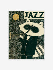 Jazz raccoon wall art print featuring a raccoon playing a trumpet under a golden sun with graphic black and cream lines