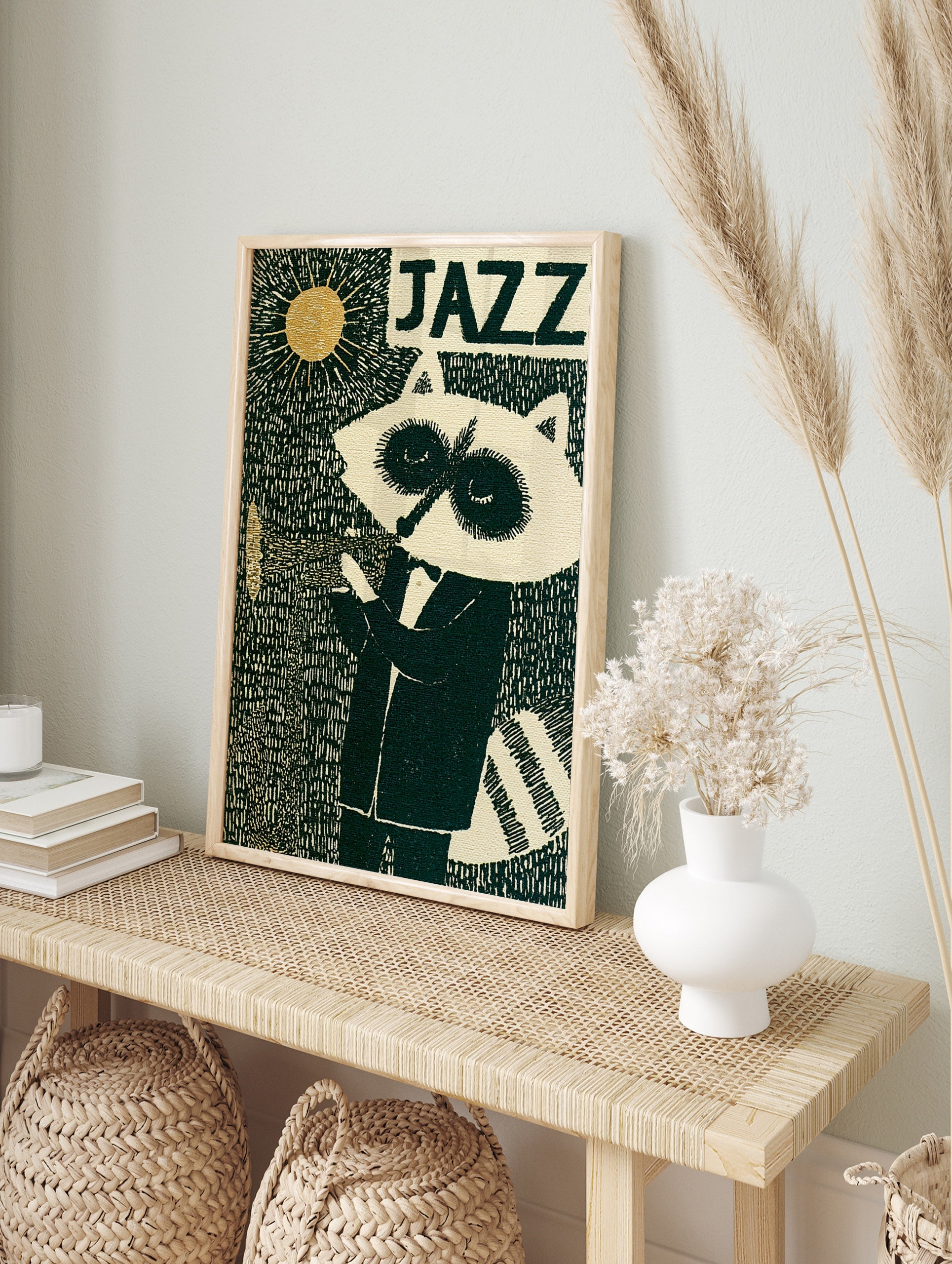 Jazz raccoon wall art print featuring a raccoon playing a trumpet under a golden sun with, in an alternate framed mockup