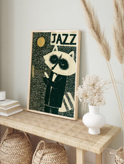 Jazz raccoon wall art print featuring a raccoon playing a trumpet under a golden sun with, in an alternate framed mockup